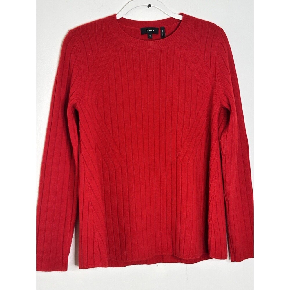 Theory Wool Cashmere Sweater Red Ribbed Knit Crewneck Flare Hem Medium Holiday